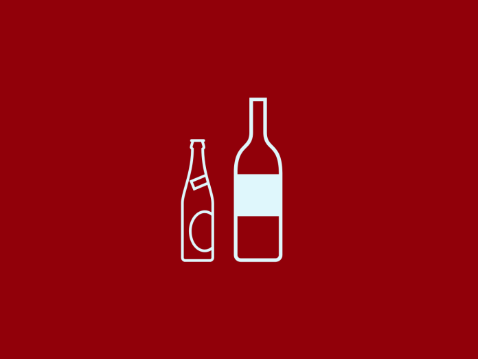 Rød grafik for alkoholbehandling København. Blå ikoner af en to flasker.