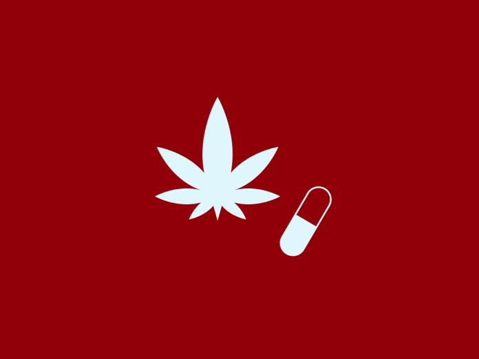 Rød grafik for stofbehandling i København. Blå ikoner af en pille og et cannabisblad