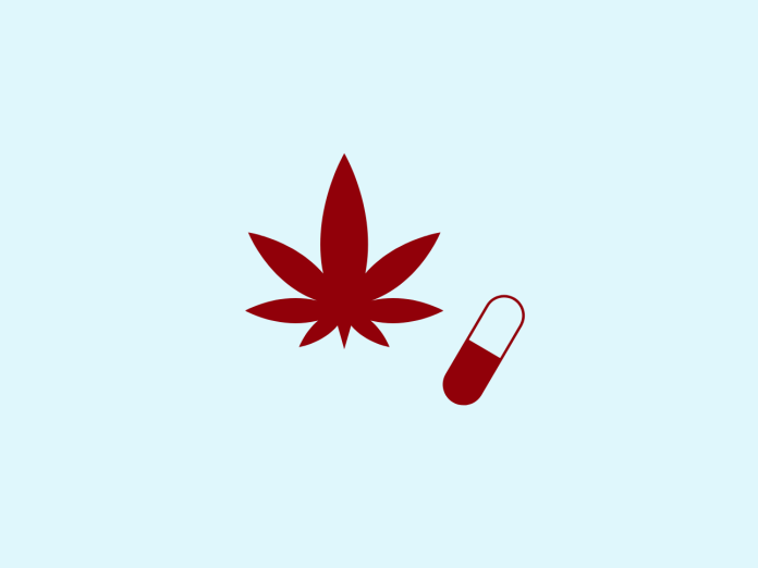 Grafik af cannabisblad og pille ampul